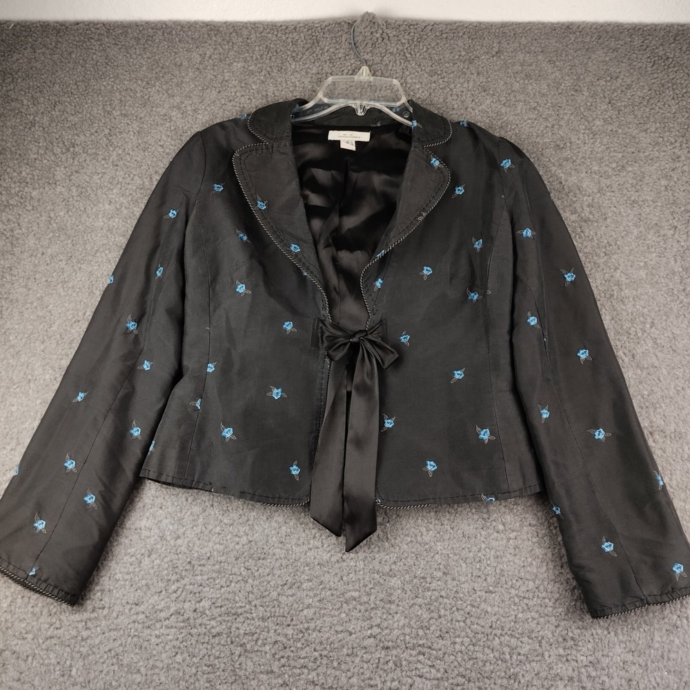 Intuitions Jacket Womens 6 Black Silk Floral Embroidered Crop Bow Coquette EUC